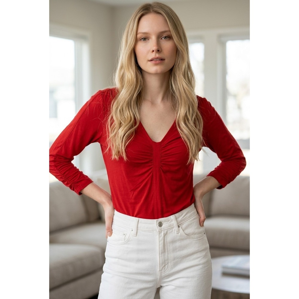 Yansi Fugel Romantic Coquette Ruby Red Ruched V-Neck Date Night Top S Made USA